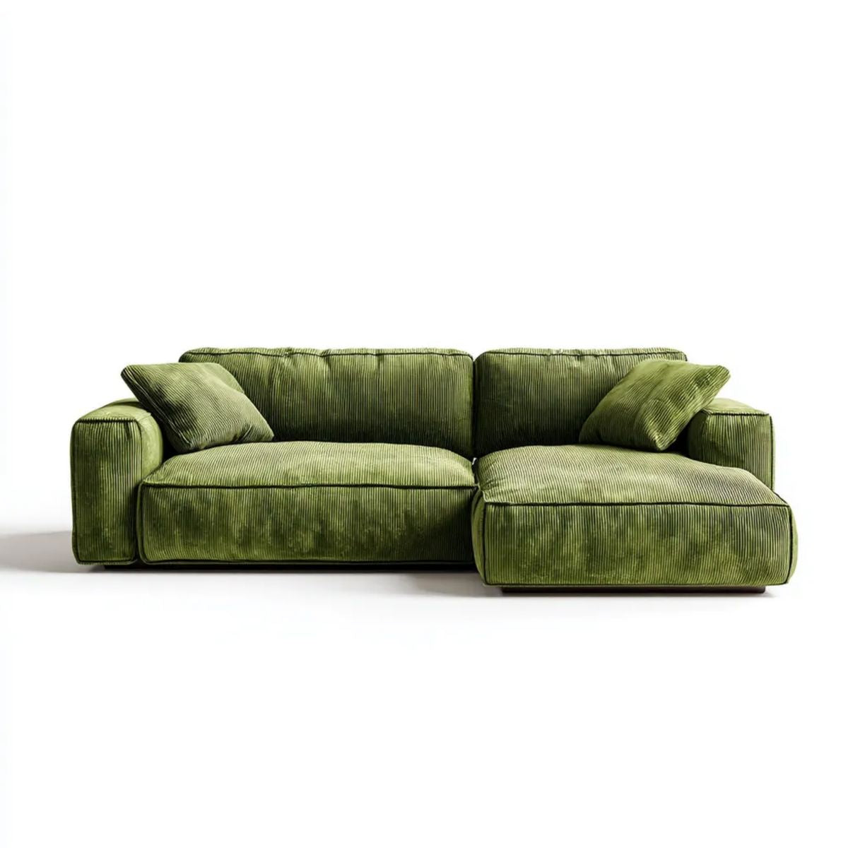 Oliwkowozielona sofa narożna w kształcie L z szezlongiem, tapicerowana tkaniną sztruksową, 250 x 160 x 85 cm