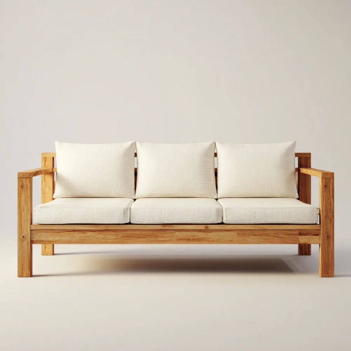 Trzyosobowa sofa kremowa z litego drewna i tkaniny, 200 x 80 x 76 cm