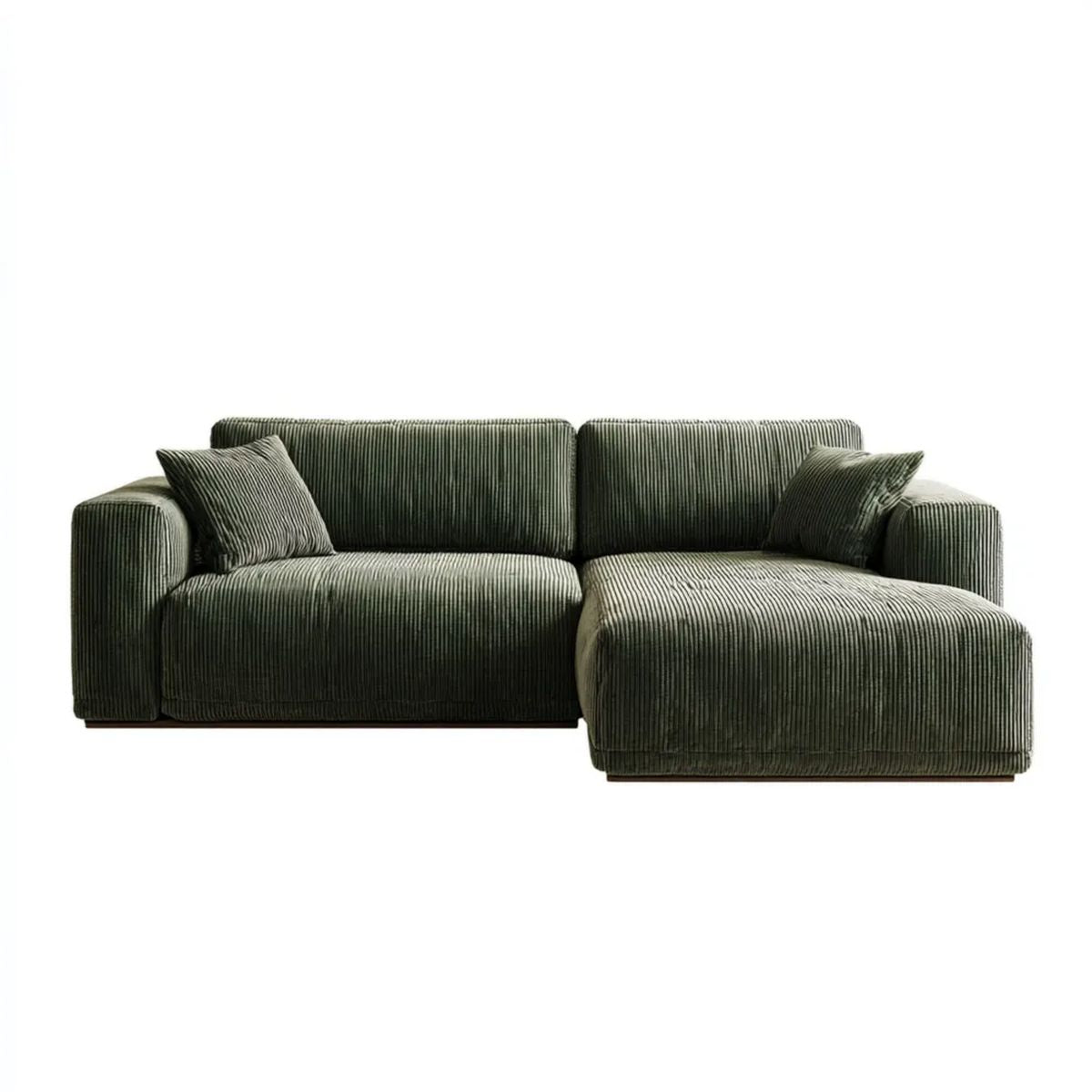 Oliwkowozielona sofa narożna w kształcie L z prawostronnym szezlongiem, sztruks poliestrowy, 240 x 160 x 85 cm