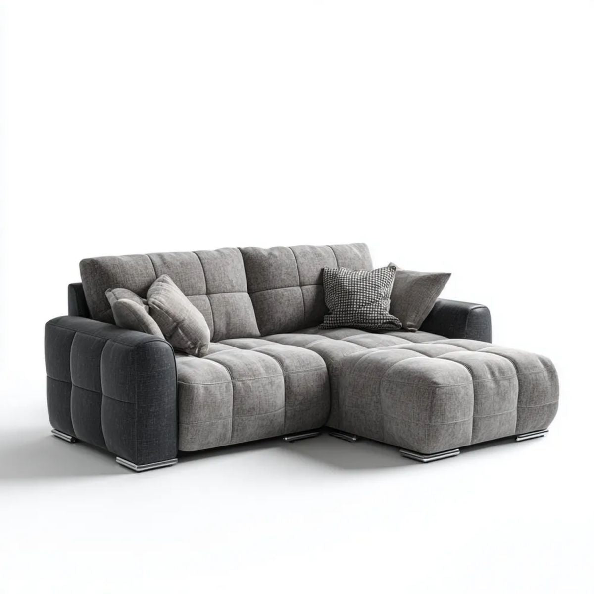 Szara sofa narożna z prawostronnym szezlongiem, tapicerka poliestrowa, 280 × 170 × 90 cm