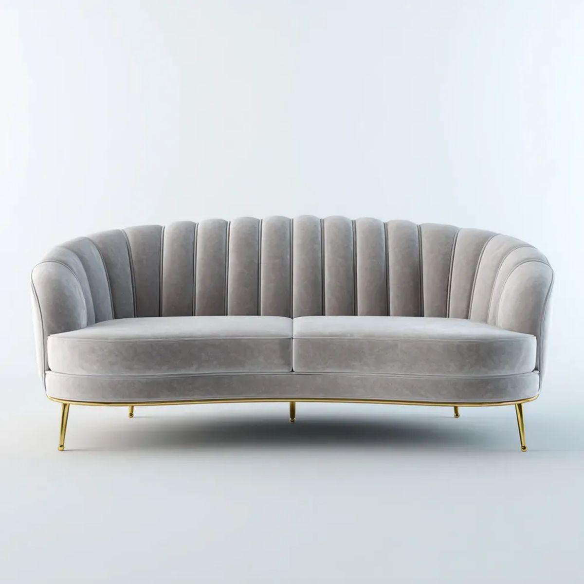 Sofa 3-osobowa szara ze złotymi nogami, aksamitna, półokrągła 210 x 88 x 78 cm