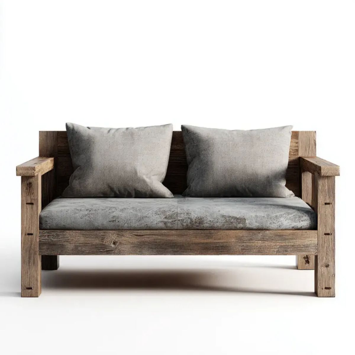 Dwuosobowa sofa rustykalna z drewna i tkaniny, brązowo-szara, 130 x 75 x 80 cm