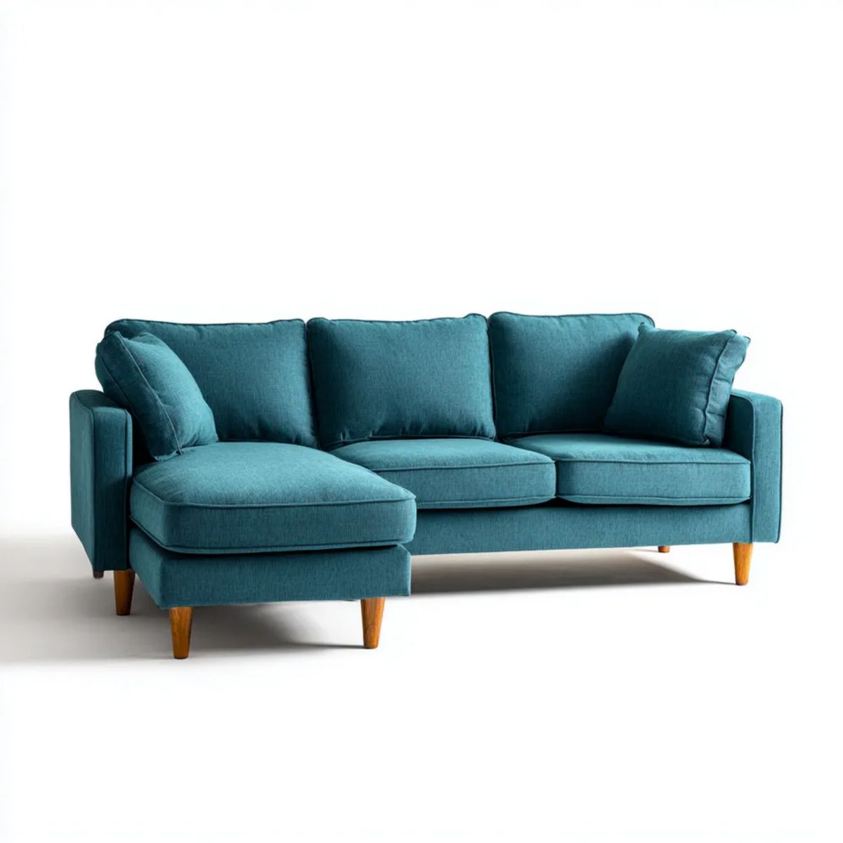 Turkusowa sofa narożna w kształcie L z lewostronnym szezlongiem, tapicerka poliestrowa, 230 × 150 × 85 cm
