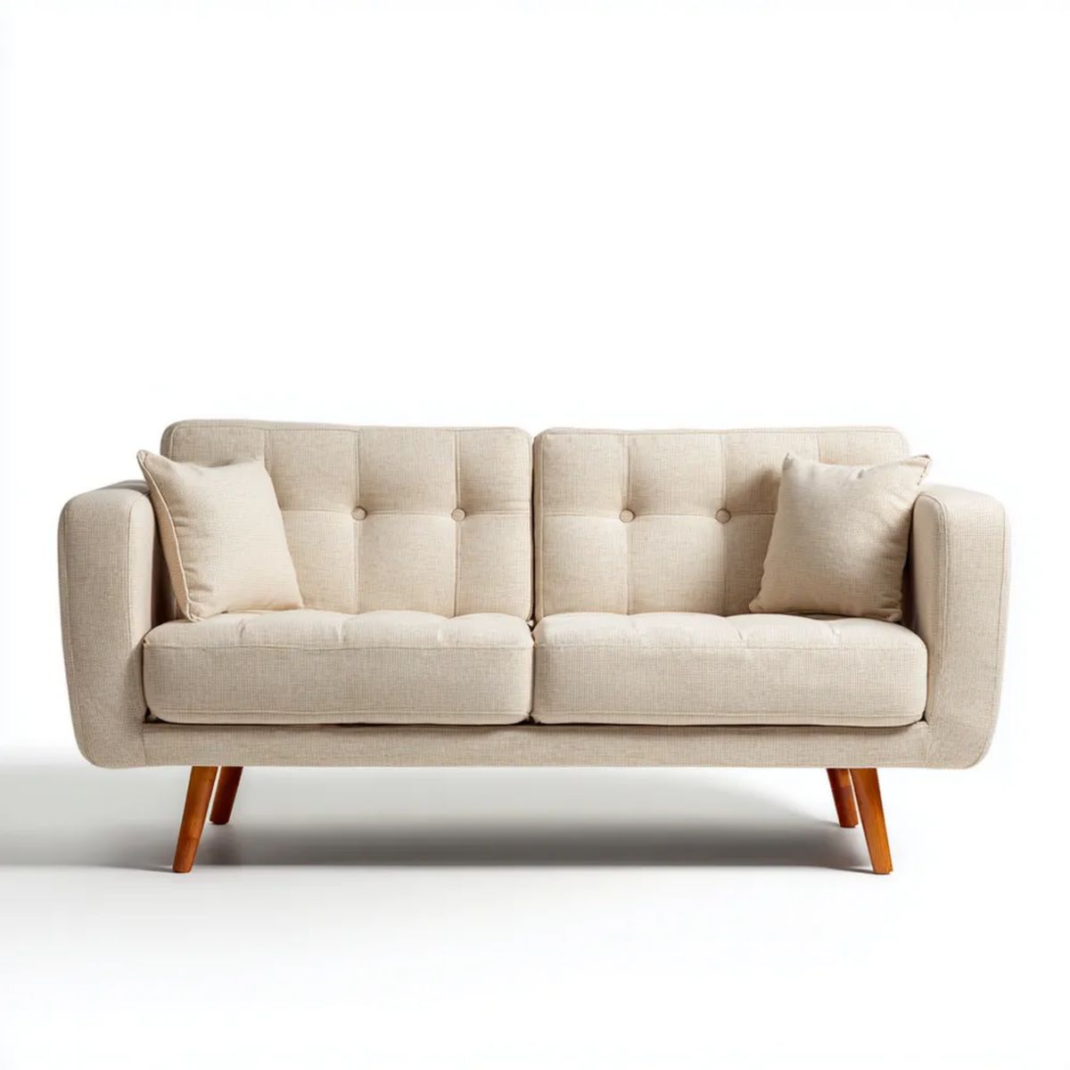 Beżowa sofa dwuosobowa z tapicerką poliestrową i drewnianymi nogami, 160 × 85 × 85 cm