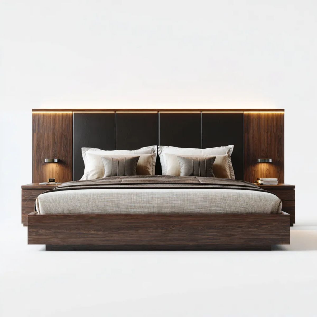 Łóżko małżeńskie MDF 180 x 200 cm z zagłówkiem panelowym, 2 stolikami nocnymi i oświetleniem LED, 300 x 210 x 115 cm, ciemny orzech/czarny