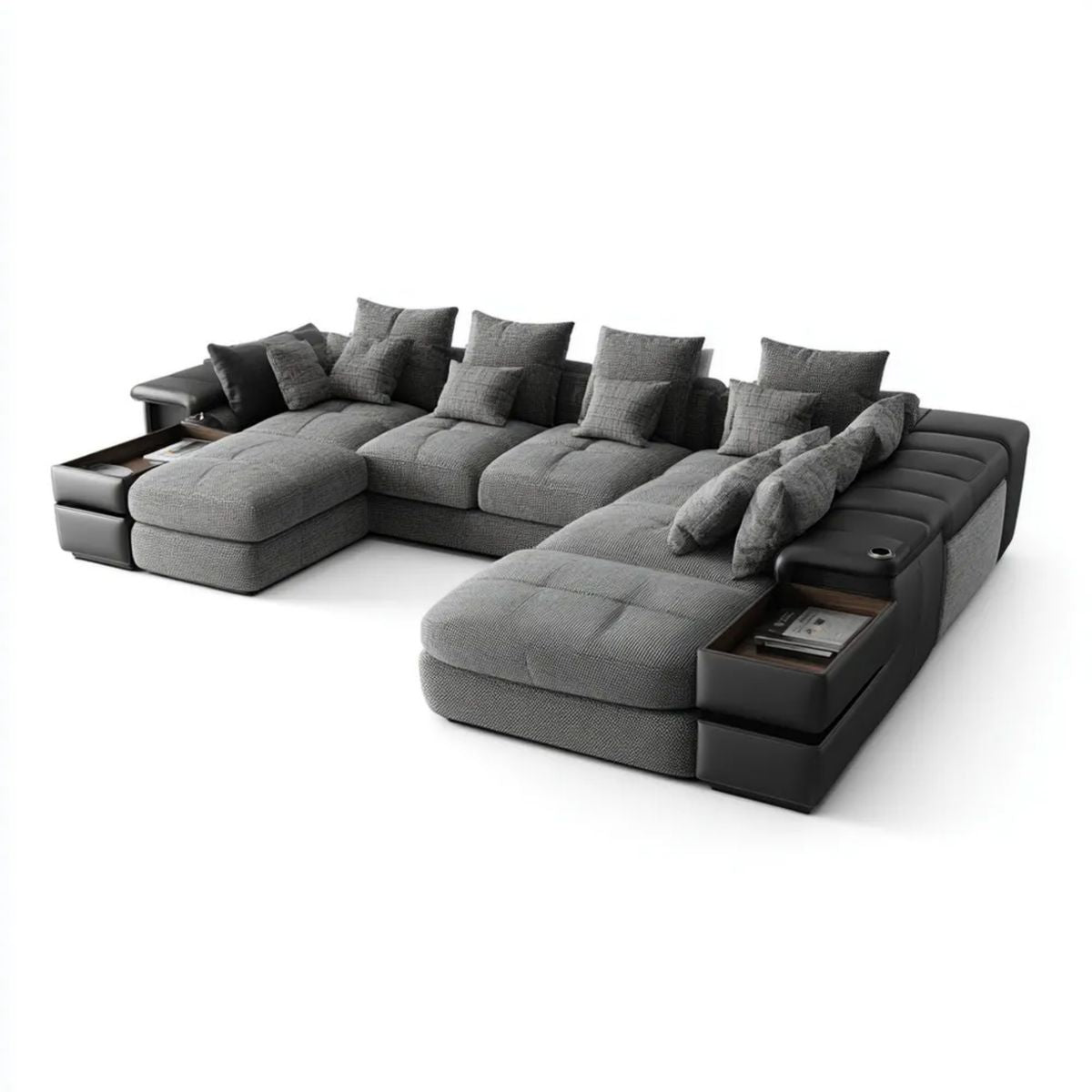 Modułowa sofa narożna w kształcie U 400 × 250 × 85 cm, szaro-czarna, z tapicerką poliestrową i elementami PU