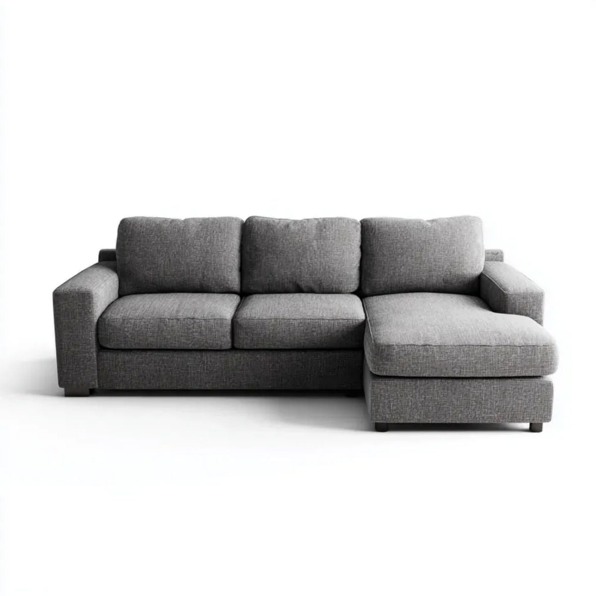 Szara sofa narożna w kształcie litery L z prawostronnym szezlongiem, tapicerka poliestrowa, 230 × 150 × 85 cm