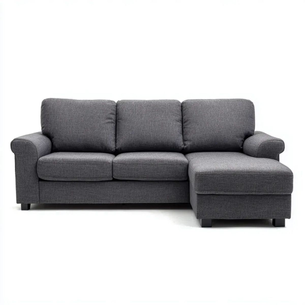 Ciemnoszara sofa narożna 3-osobowa z prawostronnym szezlongiem, tapicerowana, 220 × 145 × 85 cm